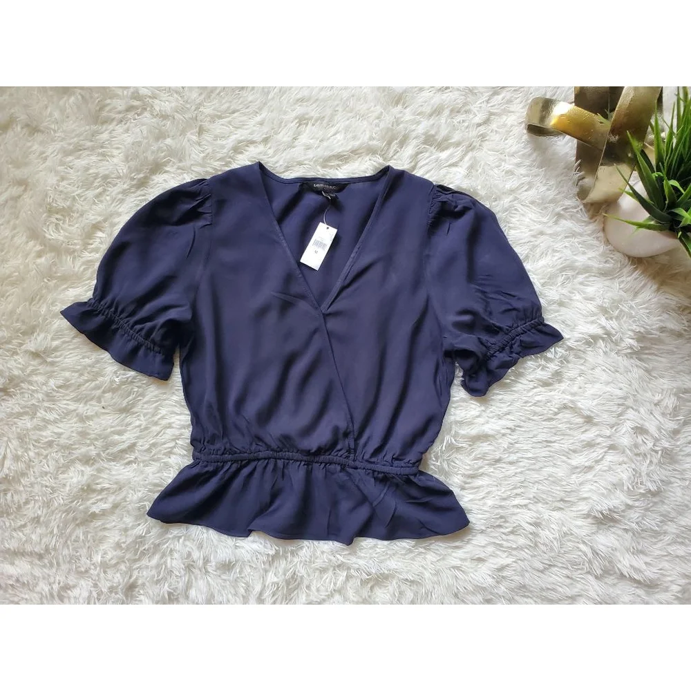 Women's Banana Republic Blouse Size XS Navy Blue Puff Sleeve Cinched Waist NEW